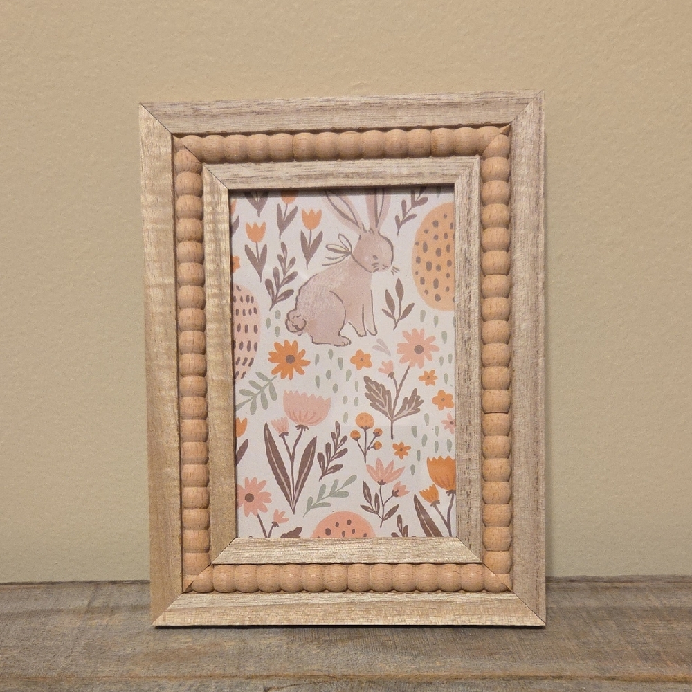 Floral Spring Easter Bunny Art Wooden Beaded Frame Wall Decor Boho Home Decor